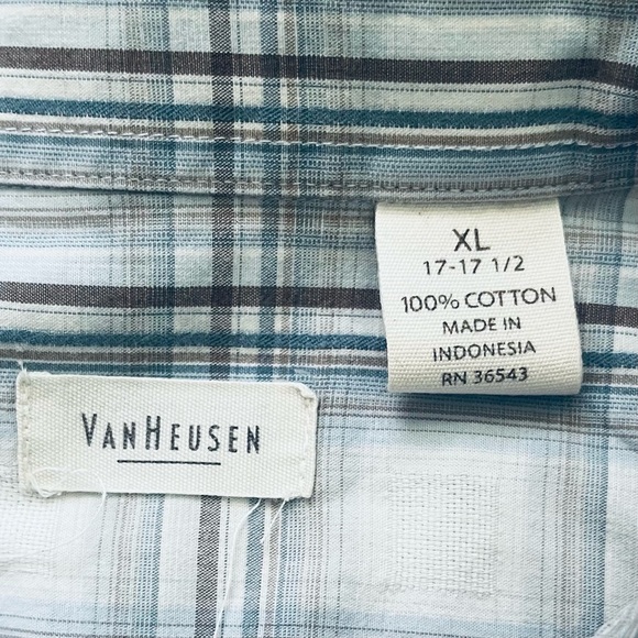 Van Heusen shirt blue white plaid XL (17-17.5) short sleeve button down collar - Picture 15 of 16